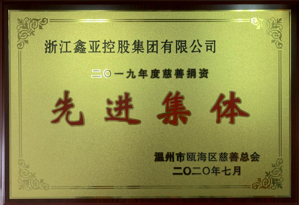 7月份 浙江鑫亚控股集团被温州市瓯海区慈善总会授予“二零一九年度慈善捐资先进集体”